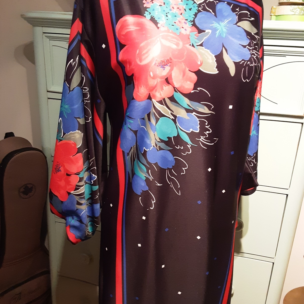 Floral Satin Dress with Red and Blue Accents